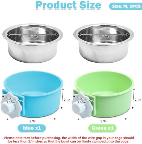 kathson Crate Dog Bowl, Removable Stainless Steel Hanging Pet Kennel Cage Bowl Food & Water Feeder Coop Cup for Puppy, Cat, Rabbit, Guinea Pigs Ferret Bird (2 PCS, Size: M, Blue and Green) (Pack of 2) - Image 2