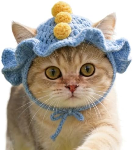 Dinosaur Cat Hat, Cotton & Soft Cute Knitted Hats for Cats Birthday Party Spring Christmas Puppy Hat for Small Pets (Blue,M) by floofelove