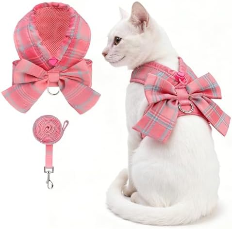 KOOLTAIL Small Dog Harness and Leash Set, Cute Puppy Vest Harnesses with Bowtie, Step in No Pull Soft Mesh Padded Adjustable Plaid Pet Harness for Extra-Samll Medium Dogs Cats, Boy Girl, Pink XS-M by KOOLTAIL