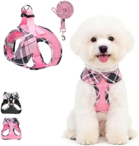 KOOLTAIL Small Dog Harness and Leash Set, Cute Pink Girl Puppy Harness, Step in No Pull Soft Mesh Pet Vest Harness Collar for Small Size Dogs Cats, Plaid Dog Halters for Outdoor Walking, Pink XS by KOOLTAIL