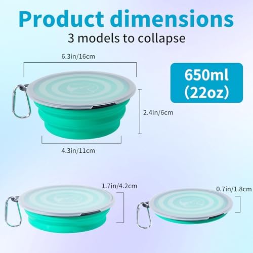SLSON Dog Bowls Pet Collapsible Bowl with Cover Lids,2 Pack Dog Travel Bowls Portable Foldable Cat Water Dish Bowl for Pets Walking Parking Camping (Light Blue and Green, Medium) - Image 3