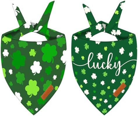 2 Pieces St. Patrick's Day Dog Bandanas, Double-Sided Reversible Triangle Scarf, Green Shamrock and 'Lucky' Design, Festive Irish Pet Costume Accessories for Dogs and Cats (Small) by Kreyfer