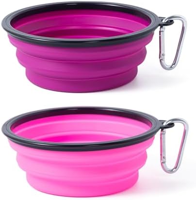 Dog Bowl Pet Collapsible Bowls, 2 Pack Collapsible Dog Water Bowls for Cats Dogs, Portable Pet Feeding Watering Dish for Walking Parking Traveling with 2 Carabiners (Pink+Purple, Medium) by SLSON
