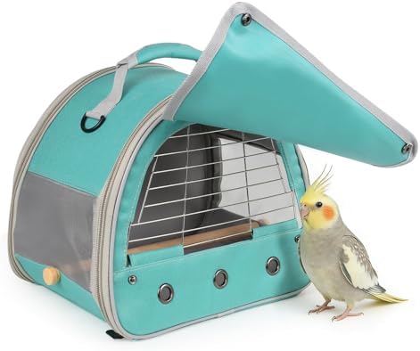 Bird Travel Carrier Cage, with Stainless Steel Metal Window and Wood Perch, Portable Bag for Cockatiel Parakeet Conure Green Cheek Budgie (Green, Steel Window) by halinfer