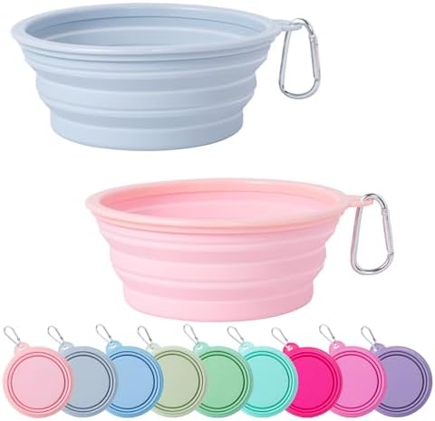 SLSON Collapsible Dog Bowl, 2Pack Macaron Color Pet Travel Bowls Silicone Foldable Water Feeder Dish for Small to Large Dogs Cat Walking Hiking Camping (Macaron Coral and Light Grey, Large) by SLSON