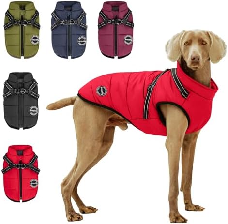 Warm Dog Winter Coat, Fashion Sports Dog Cold Weather Jacket with Built-in Harness, Reflective & Adjustable Comfortable Pet Vest, Windproof Apparel for Small Medium Large Dogs (Red) by Aimydog