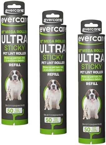 Evercare 10-Inch Mega All-Purpose Pet Hair Lint Roller Refill, 50 Sheets – Sticky Roller for Pet Hair, Cat & Dog_Hair Remover, Lint Remover, Pet_Hair_Remover for Furniture, Clothing & Cars (Pack of 3) by Evercare
