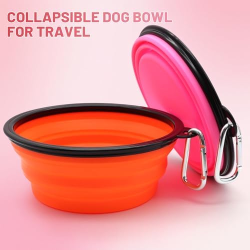 Dog Bowl Pet Collapsible Bowls, 2 Pack Collapsible Dog Water Bowls for Cats Dogs, Portable Pet Feeding Watering Dish for Walking Parking Traveling with 2 Carabiners (Large, Orange+Pink) - Image 2