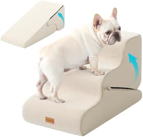 Gardner Pet Dog Stairs for Small Dogs 16.5" H, 2 in 1 Transformable 3-Step Pet Stairs and Dog Ramp for Couch (13-20 in), Beige Adjustable Pet Steps with Non-Slip Waterproof Cover and CertiPUR-US Foam by GardnerPet