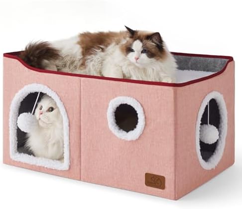 Bedsure Extra Wide Cat House Bed with Fluffy Ball and Scratch Pad,Pink by BEDSURE