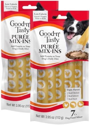 Good 'n' Tasty Triple Flavor Puree Mix-Ins Dog Food Topper Treats for All Dogs, 7 Count, Easy Single-Serve Portions, Added Protein with Chicken, Salmon and Duck (Pack of 2) by GoodNFun