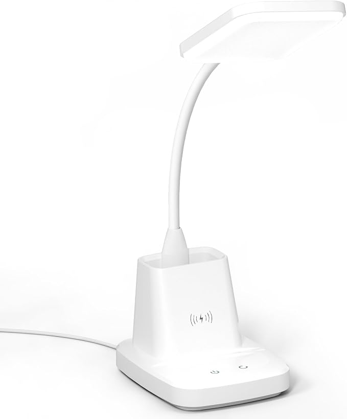 LED Desk Lamp with 10W Wireless Charging & Pen Holder, Snow White | CRI 95, 800LM, Stepless Dimming, 3 Modes, 360°Flexible Arm, Touch, Study Table Lamp for Home Office, Dorm Room, with Adapter - Image 8