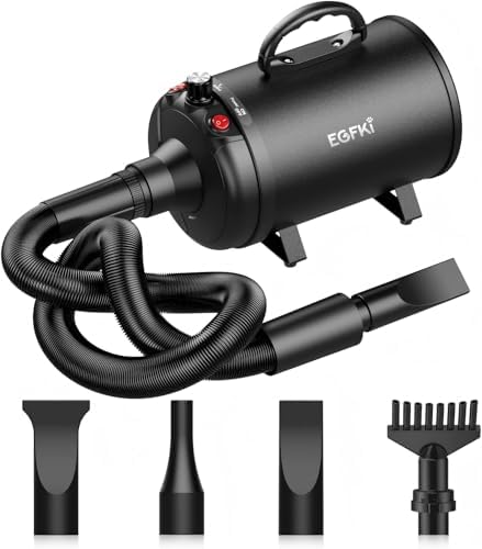 EGFKI Dog-Hair-Dryer, 5.2HP/ 3800W High Velocity Pet Blow Dryer with Heater for Grooming, Speed Temperature Adjustable Dog Blower Grooming Dryer with 4 Nozzles by EGFKI