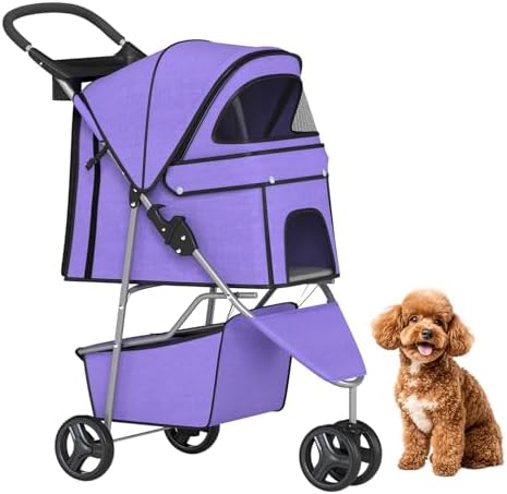 BestPet | 3-Wheel Pet Stroller | Purple | Foldable Dog and Cat Stroller by BestPet