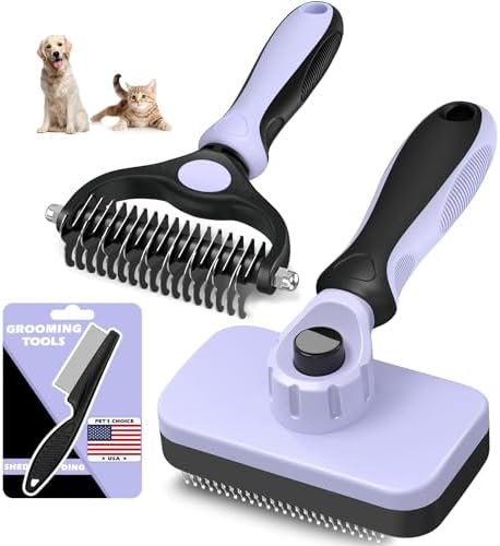 Professional 3PCS Self Cleaning Slicker Brush & Pet Grooming Rake & Flea Comb for Dogs,Cats and Horses | Double-Sided Dematting Comb & Skin Friendly Deshedding Grooming Tool (Light Purple) by Augwind
