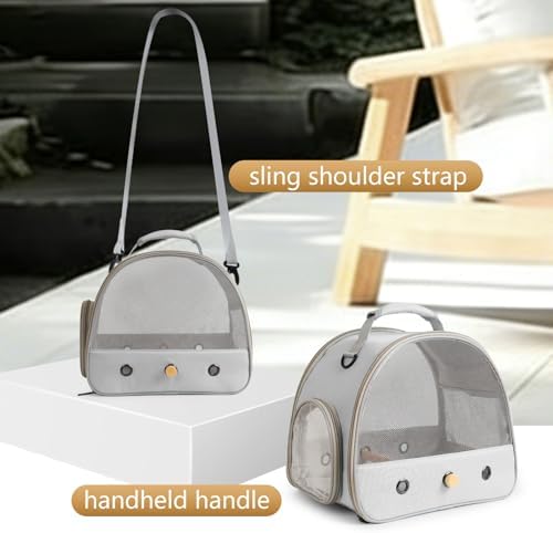 Bird Carrier, Portable Small Bird Parrot Parakeet Carrier with Standing Perch and Soft Mat, Side Access Window Collapsible (Grey, Mesh Windows) - Image 4