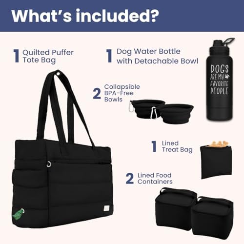 Rubyloo Dog Mom Essentials Bundle - Puffer Tote with Storage Containers (Black) and 32 oz Water Bottle with Detachable Bowl (Dogs are My Favorite People) - Travel Bag and Hydration Set - Image 2