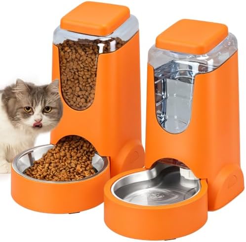 HWONMTE Portable Automatic Cat Feeder and Water Dispenser with Stainless Steel Bowl Dog Gravity Food Feeder and Waterer for Small Medium Pets Puppy Kitten 1 Gallon x 2 (Orange) by HWONMTEPETFEEDER