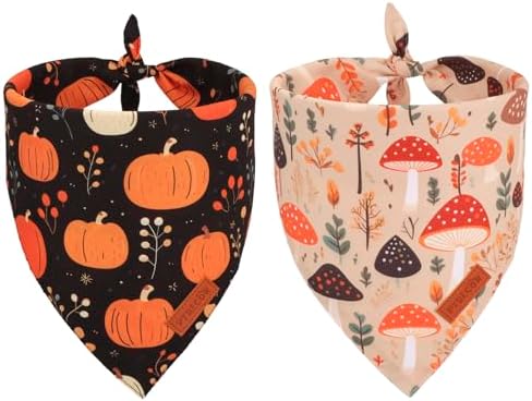 PTDECOR Black Fall Dog Bandana, Pumpkin Mushroom Design Dog Scarf, Large by PTDECOR