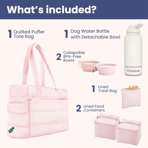 Rubyloo Dog Mom Essentials Bundle - Puffer Tote with Storage Containers (Pink) and 32 oz Water Bottle with Detachable Bowl (Solid Cream) - Travel Bag and Hydration Set - Image 2