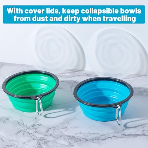 SLSON Dog Bowls Pet Collapsible Bowl with Cover Lids,2 Pack Dog Travel Bowls Portable Foldable Cat Water Dish Bowl for Pets Walking Parking Camping (Light Blue and Green, Medium) - Image 4
