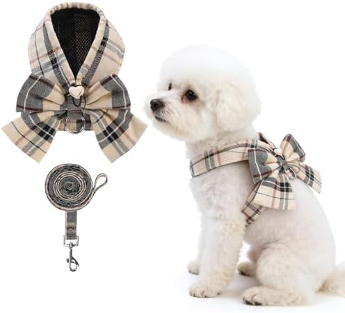 KOOLTAIL Small Dog Harness and Leash Set, Cute Puppy Vest Harnesses with Bowtie, Step in No Pull Soft Mesh Padded Adjustable Plaid Pet Harness for Extra-Samll Medium Dogs Cats, Boy Girl, XS-M, Beige S by KOOLTAIL