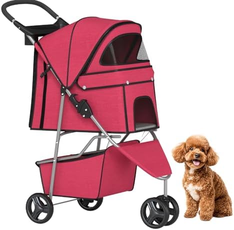 BestPet | 3-Wheel Pet Stroller | Red | Foldable Dog and Cat Stroller by BestPet