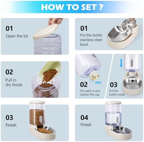 Automatic Cat Feeder and Water Dispenser with Stainless Steel Bowl Gravity Food Feeder and Waterer Set for Small Medium Dog Puppy Kitten 1 Gallon x 2(Beige) - Image 4