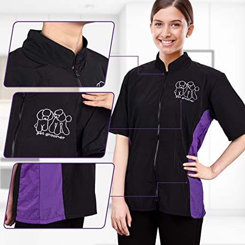 Short Sleeve Pet Grooming Jacket for Groomers, XL Size, Full Zipper - Image 4