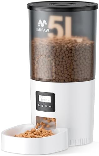 IMIPAW Automatic Cat Feeders, 5L Large Capacity, Timed Feeding Dry Food, Dual Power Design, Programmable Portion Size, 1-6 Meals Per Day, with Desiccant Packet, Suitable for Small Pets Food Dispenser by IMIPAW