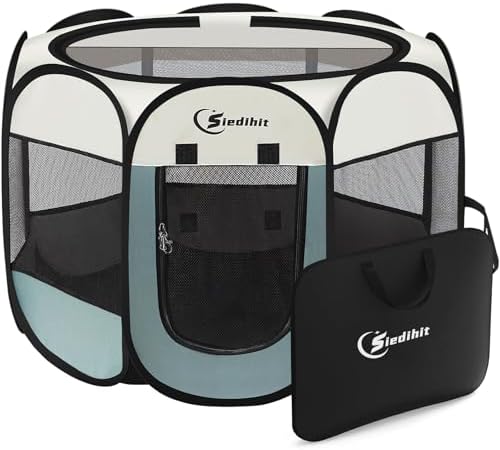 Siedihit Dog Playpen, Puppy Pet Playpen, Medium Dogs Tent Crates Cage Indoor/Outdoor, Portable Pop Up Dog Kennel Playpen with Carrying Case for Dogs/Cats/Rabbits, Removable Zipper Top, Grey by Siedihit
