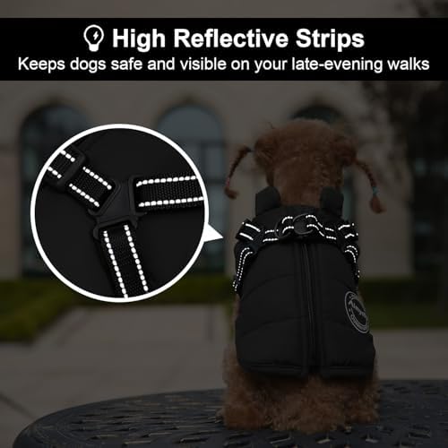 Warm Dog Winter Coat, Windproof Dog Cold Weather Jacket, Reflective & Adjustable Black Pet Vest with Harness, Thick Polar Fleece Lining Cozy Apparel for Small Medium Cats - Image 6