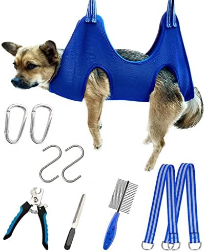 Kkiimatt 10 in 1 Dog Pet Grooming Hammock Harness with Nail Clippers/Trimmer, Dog Hammock for Nail Trim, Grooming Sling Hanger for Nail Trimming/Clipping (S/Under 30lb, Blue) by Kkiimatt