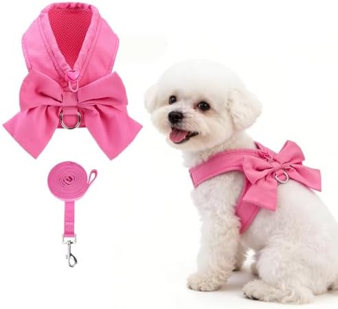 KOOLTAIL Small Dog Harness and Leash Set, Cute Puppy Vest Harnesses with Bowtie for Girl Outfit, Step in No Pull Soft Mesh Padded Adjustable Pet Harness for Extra-Samll Medium Dogs Cats, XS S, Pink M by KOOLTAIL