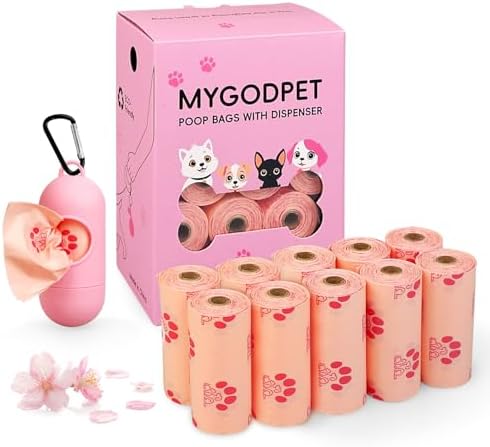 Dog Poop Bags Rolls with Dispenser 150 Count Biodegradable Poop Bags for Dog and Cat Cherry Blossom Scented Waste Bag Leak Proof Doggie Poop Bag Doggy Trash Bag Pink by MYGODPET