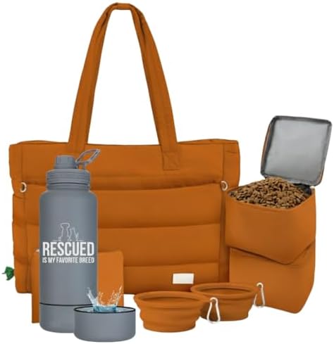 Rubyloo Dog Mom Essentials Bundle - Puffer Tote with Storage Containers (Rust) and 32 oz Water Bottle with Detachable Bowl (Rescued is My Favorite Breed) - Travel Bag and Hydration Set by Rubyloo