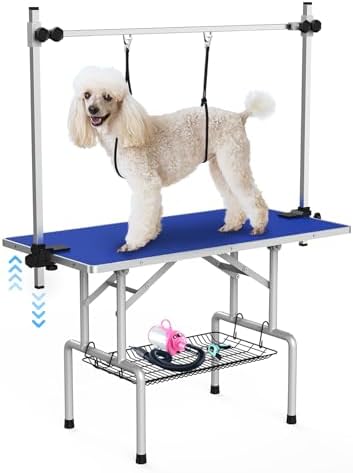 Lyromix 42'' Foldable Dog Grooming Table with Arms/Nooses/Mesh Tray, Blue by Lyromix