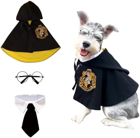 ANIAC 3PCS Halloween Dog Costume Cat Wizard Cape Glasses and Necktie Set Halloween Puppy Outfit Pet Academy Magician Cosplay Apparel for Kitten Cat Small Dogs (Black+Yellow, Large) by ANIAC