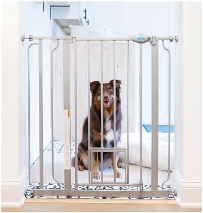 Carlson 36" Extra Tall Walk Through Dog Gate for Doorways & Bottom of Stairs, Metal Pet Gate with Small Pet Door, Expands 29”–36.5”, Platinum Gray by Carlson%C2%AEPetProducts