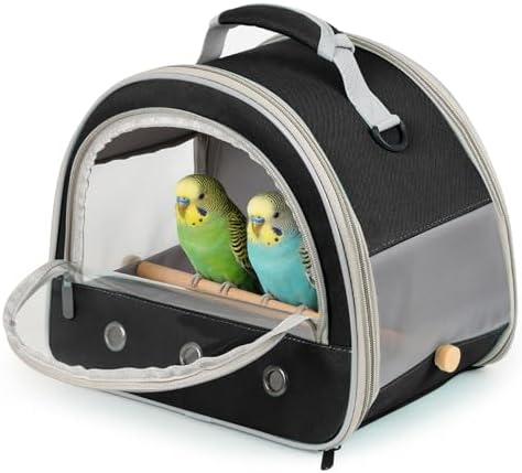 Bird Carrier, Portable Small Bird Parrot Parakeet Carrier with Standing Perch and Stainless Steel Tray, Side Access Window Collapsible (Black, Horizontal Perch) by halinfer