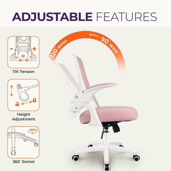 NEO CHAIR Office Desk Gaming Ergonomic Computer Chair with Lumbar Back Support Adjustable Height Swivel Rolling Wheels Flip-up Arms Mesh Chair for Home Vanity (Pink) | Lumbar Support, Height Adjustment, 360° Swivel and Rolling Base, Space-Saving Design... - Image 6
