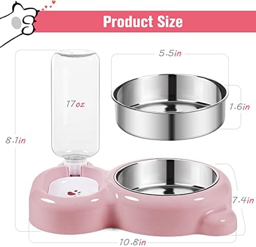 Dog Bowls, Cat Food and Water Bowl Set with Water Dispenser and Stainless Steel Bowl for Cats and Small Dogs - Pink - Image 5