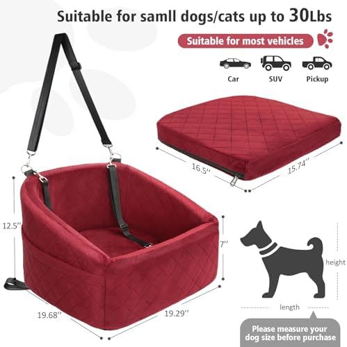 NEEZUKAR Dog Car Seat for Small Medium Dogs,Detachable Washable Dog Booster Seat Under 30lbs, Pet Car Seats Travel Bed with Storage Pockets and Safety Belt(Red) - Image 2