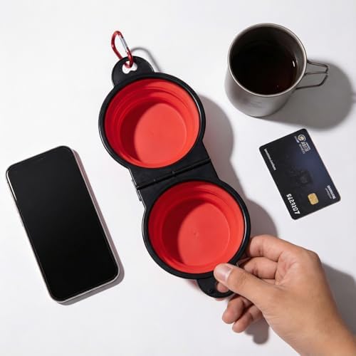 Double Collapsible Dog Bowls for Travel, Food and Water Set with Clip，Red - Image 5