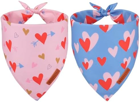 ADOGGYGO Valentine Dog Bandana, Blue Pink Heart Pet Scarf, Premium Durable Fabric, Adjustable Fit Pet Valentine Bandanas for Small Dogs Puppies (Small) by ADOGGYGO
