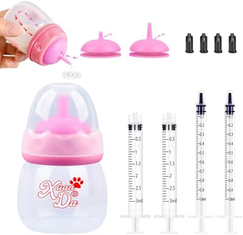 Pet Feeding Bottle and Syringes,60ml Nursing Bottle, 3 Sizes Nipples with Ventilation Valve Resistant Tearing Perfect for Puppies, Kittens, Small Wildlife (Pink) by XuanDa