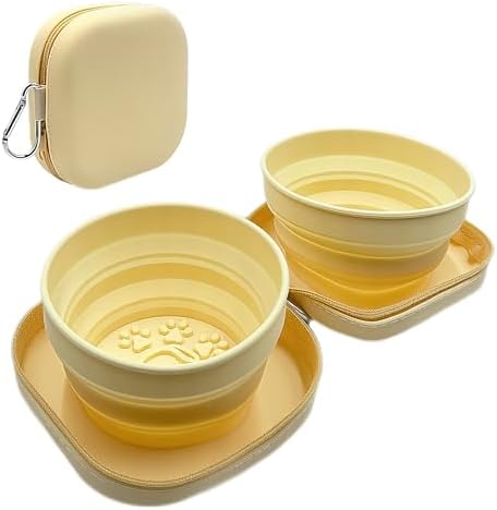 Portable Dog Bowl, Collapsible 2-in-1 Travel Dog Bowls with Carabiner Clip, Silicone Double Pet Food and Water Dish for Outdoor Camping and Hiking (Yellow) by Unknown