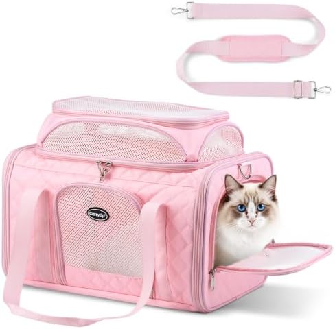 Airline Approved Cat Carrier with Expandable Top, 17x11x9.5 in, Pink by Carrytip