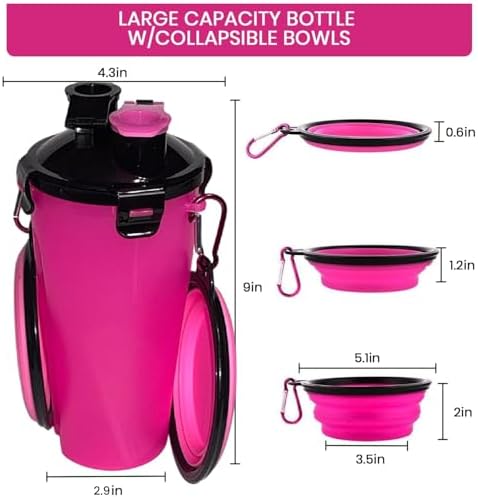 Dog Travel Water Bottle W/Collapsible Bowls - Portable 2 in 1 Leakproof Pet Water Bottle Food Container Ideal for Travel, Outdoor Portable Water Bowls for Walking, Camping & Hiking - (Pink) - Image 3