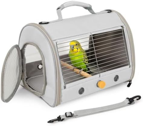 Small Bird Travel Carrier, Wire Grid Window Bird Bag to Carry Cockatiel Parakeet Budgies with Standing Perch (Grey, Cylinder Design - Steel Window) by halinfer